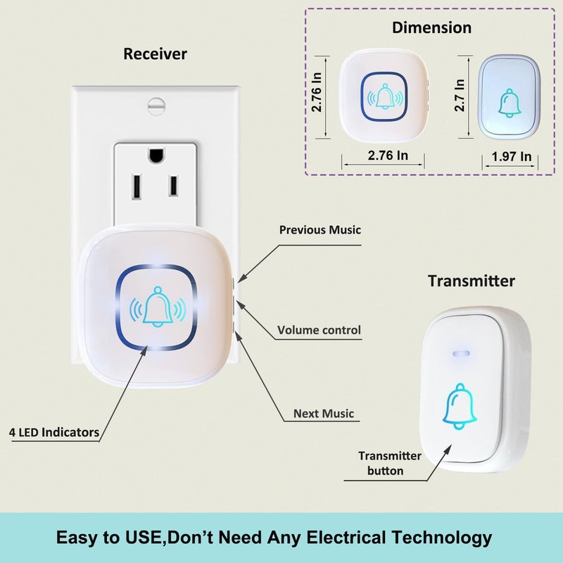 LUAMB Wireless Doorbell, 1,200ft Wireless Range Doorbell,5 Volume Levels Loud Enough, Mute Mode with 52 Chimes,LED Flashing and Memory Setting. - Image 3